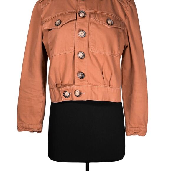 Free People Women's Jean Jacket Orange Button Pockets Collared Denim Cropped XS - Picture 7 of 10